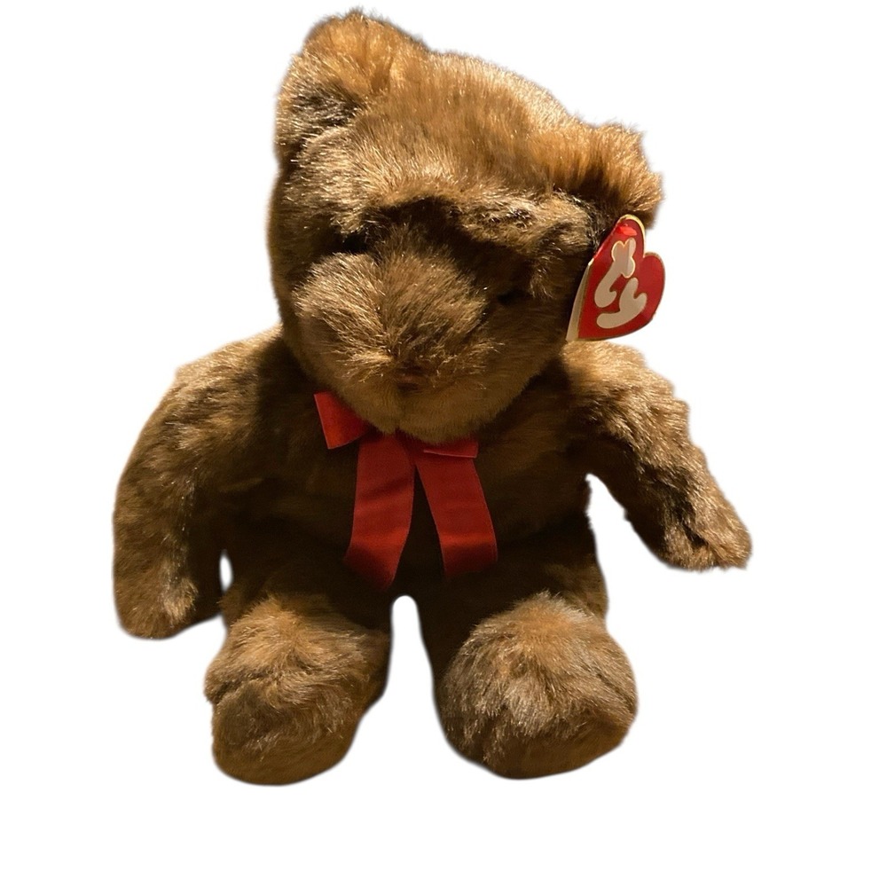 Vintage TY "PJ" Plush Bear 1990 Release Brown Red Bow Nursery Decor Gift